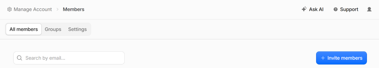 The top of the Members page, reached from Manage Account, with a search box and a blue Invite members button.