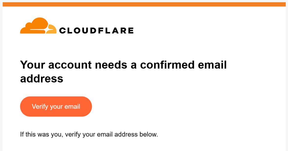 The Cloudflare email headed 'Your account needs a confirmed email address', with an orange Verify your email button.